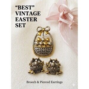 Vintage Signed BEST Easter Jewelry Set - Two-Tone Basket Brooch & Bunny Earrings